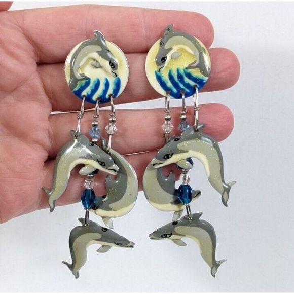 Lunch at the Ritz Dolphin Dance Dangle stud Earrings 14k gold posts rare retired - Picture 2 of 10